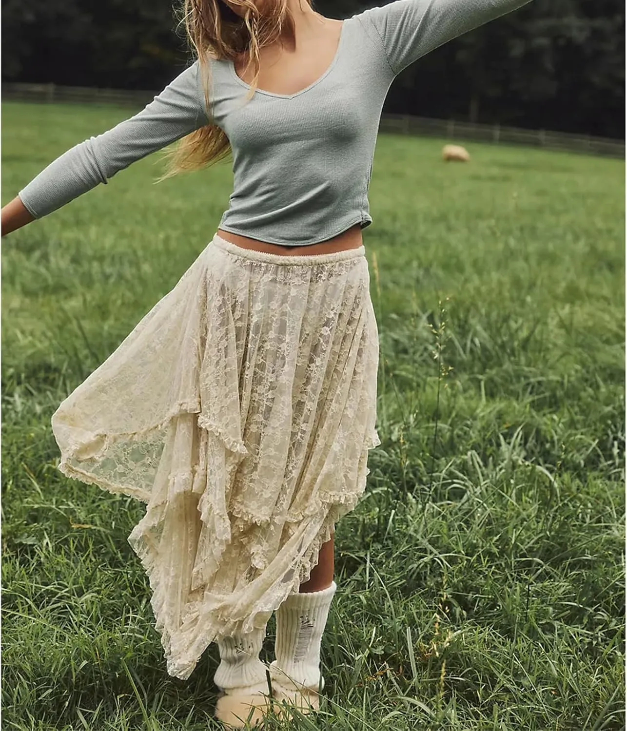 Women Lace Long Skirt High Waist Ruffle Irregular Hem Layered Skirt Solid Sheer Y2k Summer Outfit