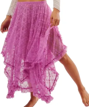 Women Lace Long Skirt High Waist Ruffle Irregular Hem Layered Skirt Solid Sheer Y2k Summer Outfit