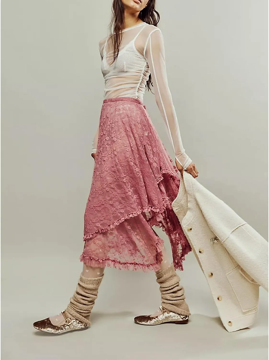 Women Lace Long Skirt High Waist Ruffle Irregular Hem Layered Skirt Solid Sheer Y2k Summer Outfit