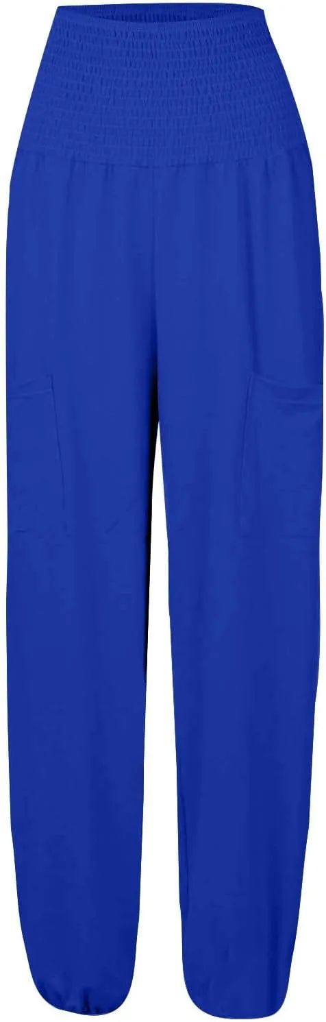 Women Linen Palazzo Summer 2024 Pants Wide Leg Elastic High Waisted Casual Loose Fit Plus Size Pants with Pockets