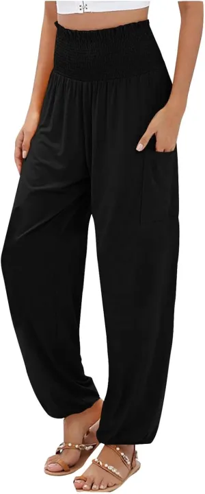 Women Linen Palazzo Summer 2024 Pants Wide Leg Elastic High Waisted Casual Loose Fit Plus Size Pants with Pockets