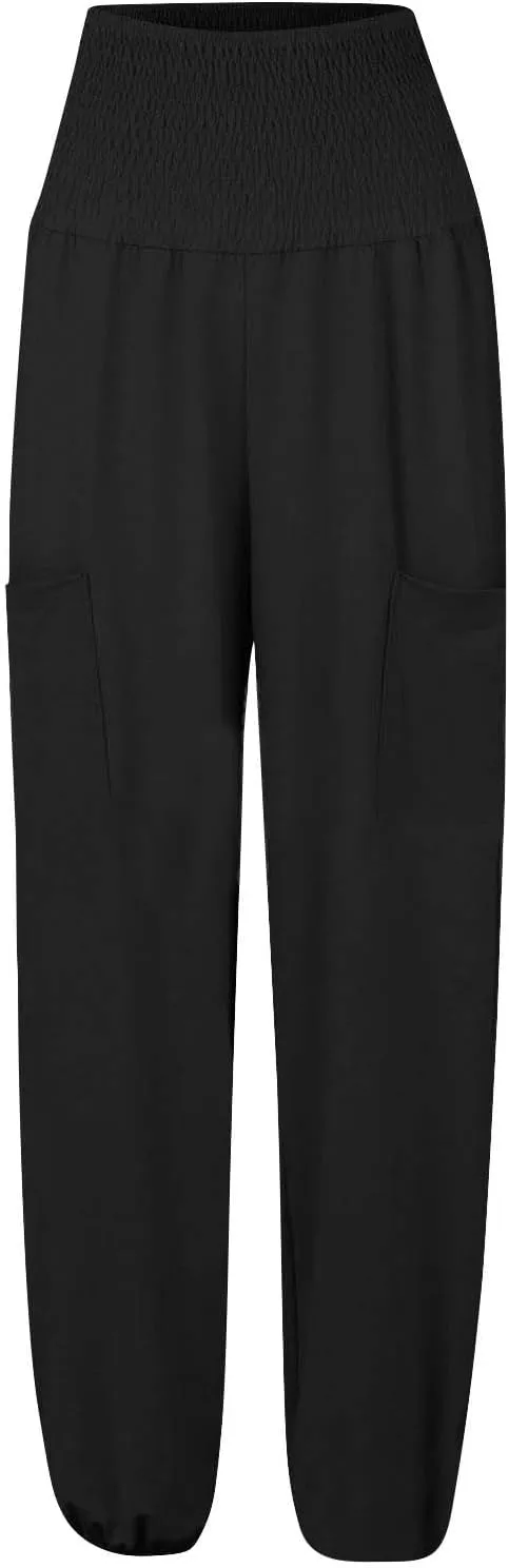 Women Linen Palazzo Summer 2024 Pants Wide Leg Elastic High Waisted Casual Loose Fit Plus Size Pants with Pockets