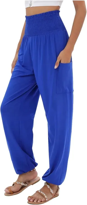 Women Linen Palazzo Summer 2024 Pants Wide Leg Elastic High Waisted Casual Loose Fit Plus Size Pants with Pockets