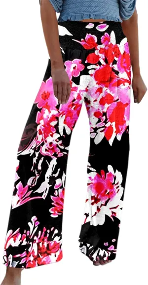 Women Linen Pants 2025 Summer Casual Loose Wide Leg Palazzo Pants Smocked High Waist Flowy Beach Trousers