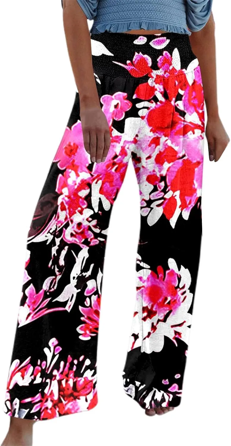 Women Linen Pants 2025 Summer Casual Loose Wide Leg Palazzo Pants Smocked High Waist Flowy Beach Trousers