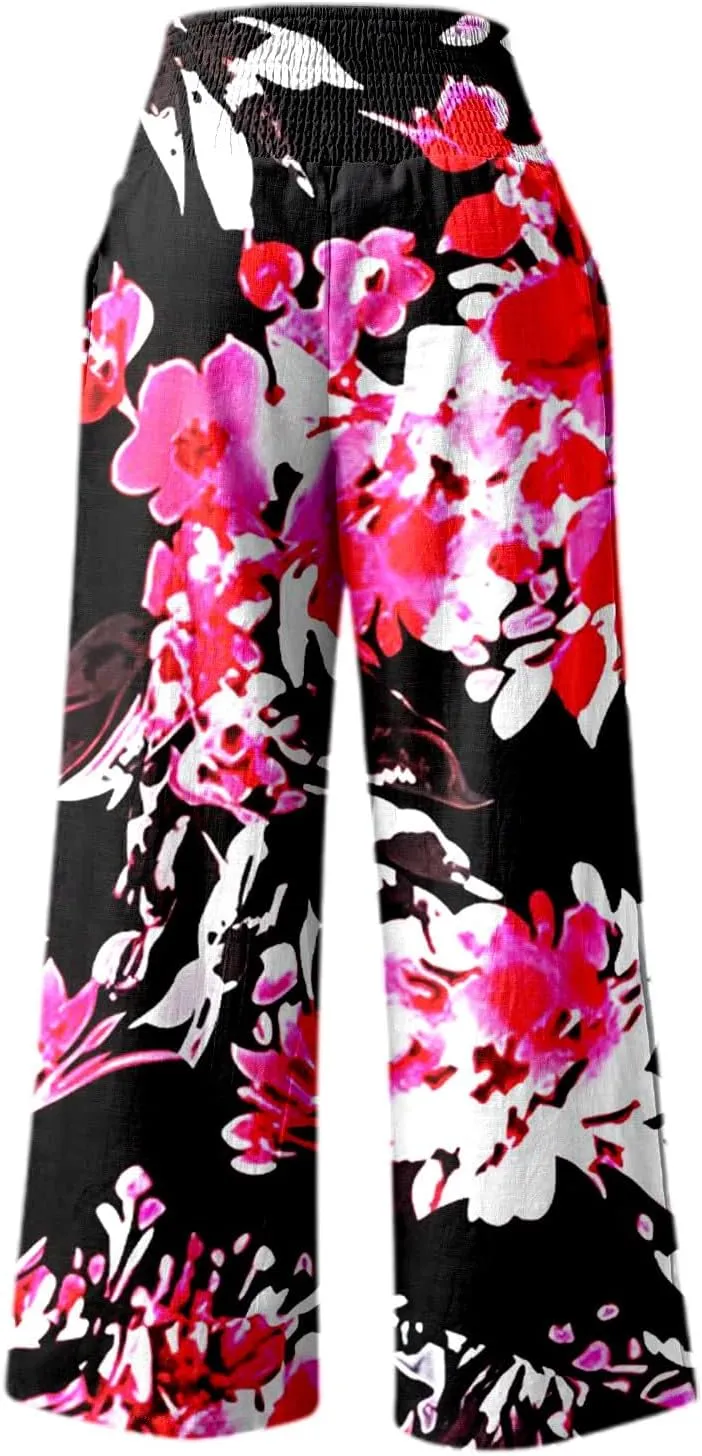 Women Linen Pants 2025 Summer Casual Loose Wide Leg Palazzo Pants Smocked High Waist Flowy Beach Trousers