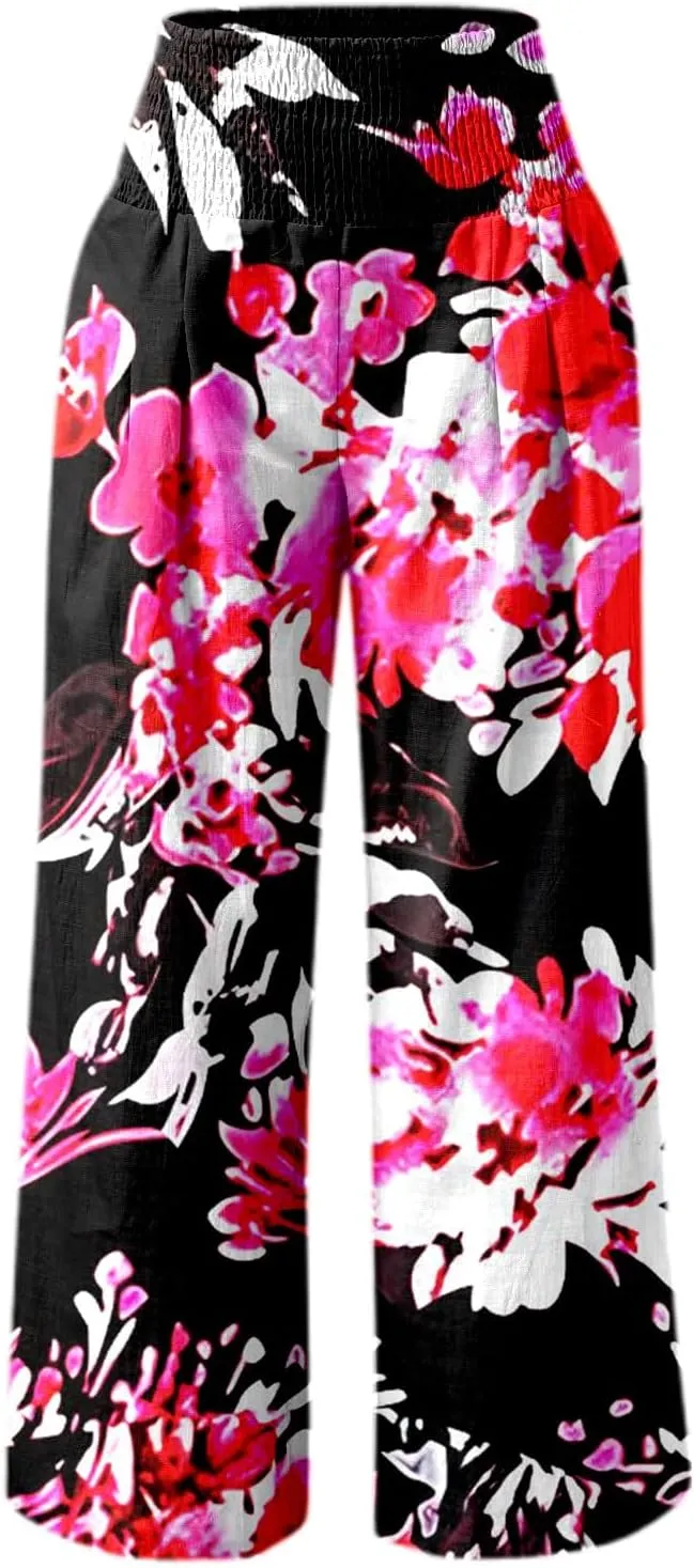 Women Linen Pants 2025 Summer Casual Loose Wide Leg Palazzo Pants Smocked High Waist Flowy Beach Trousers