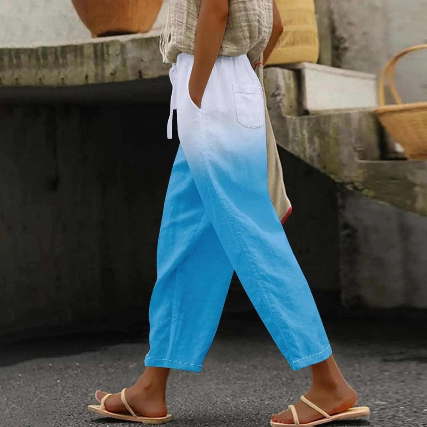 Women Linen Pants Loose Pocket Casual Cotton and Linen Pants Flowy Wide Leg Beach Trousers with Pockets Linen Capris