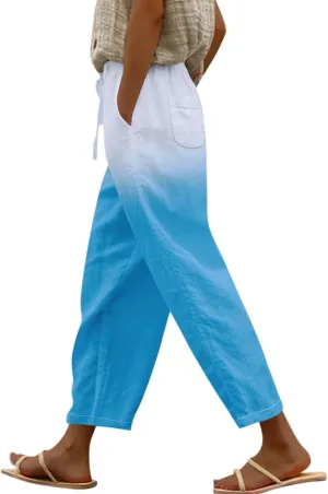 Women Linen Pants Loose Pocket Casual Cotton and Linen Pants Flowy Wide Leg Beach Trousers with Pockets Linen Capris
