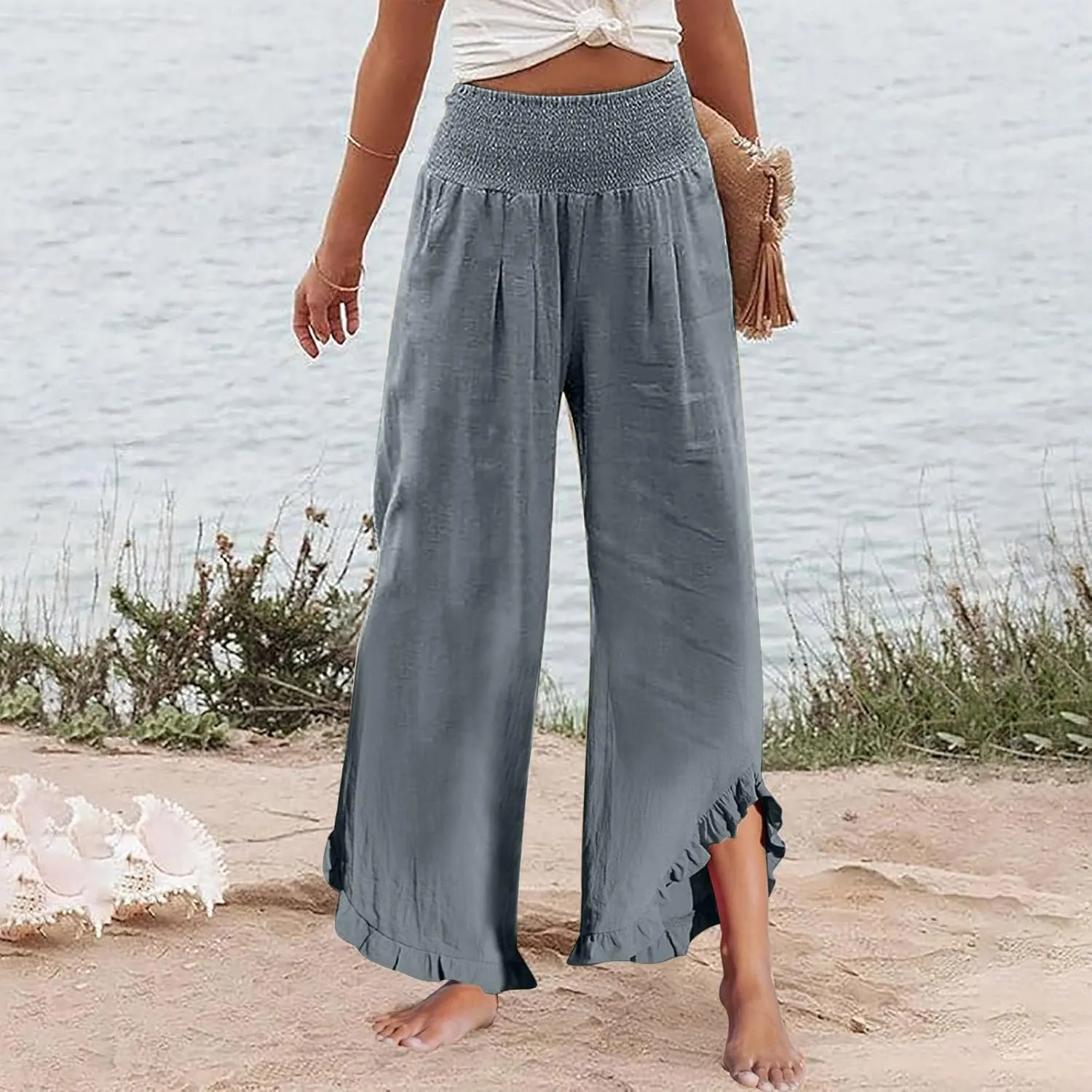 Women Linen Pants Summer Wide Leg Smocked Waist Ruffle Hem Palazzo Pant Boho Flowy Beach Trousers with Pocket