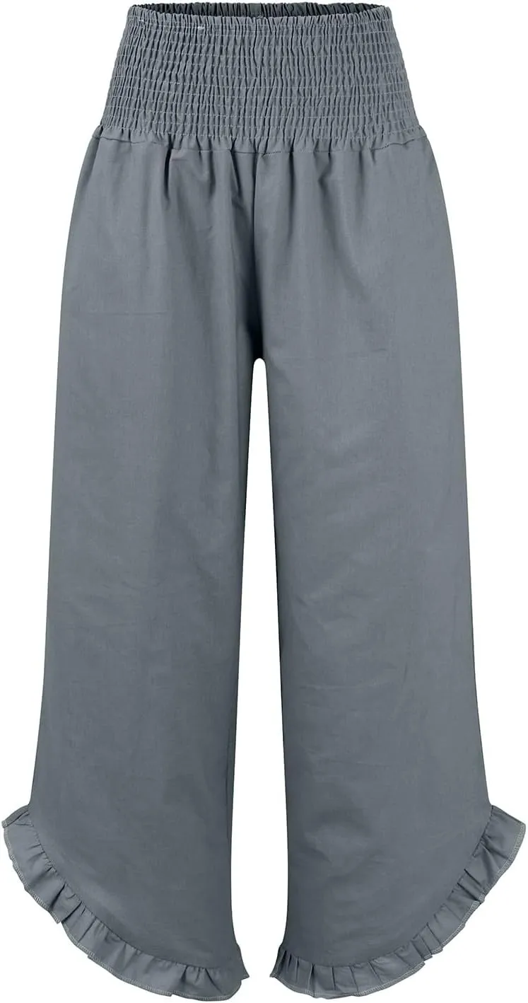 Women Linen Pants Summer Wide Leg Smocked Waist Ruffle Hem Palazzo Pant Boho Flowy Beach Trousers with Pocket