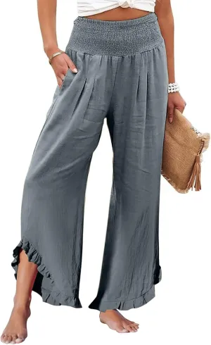 Women Linen Pants Summer Wide Leg Smocked Waist Ruffle Hem Palazzo Pant Boho Flowy Beach Trousers with Pocket