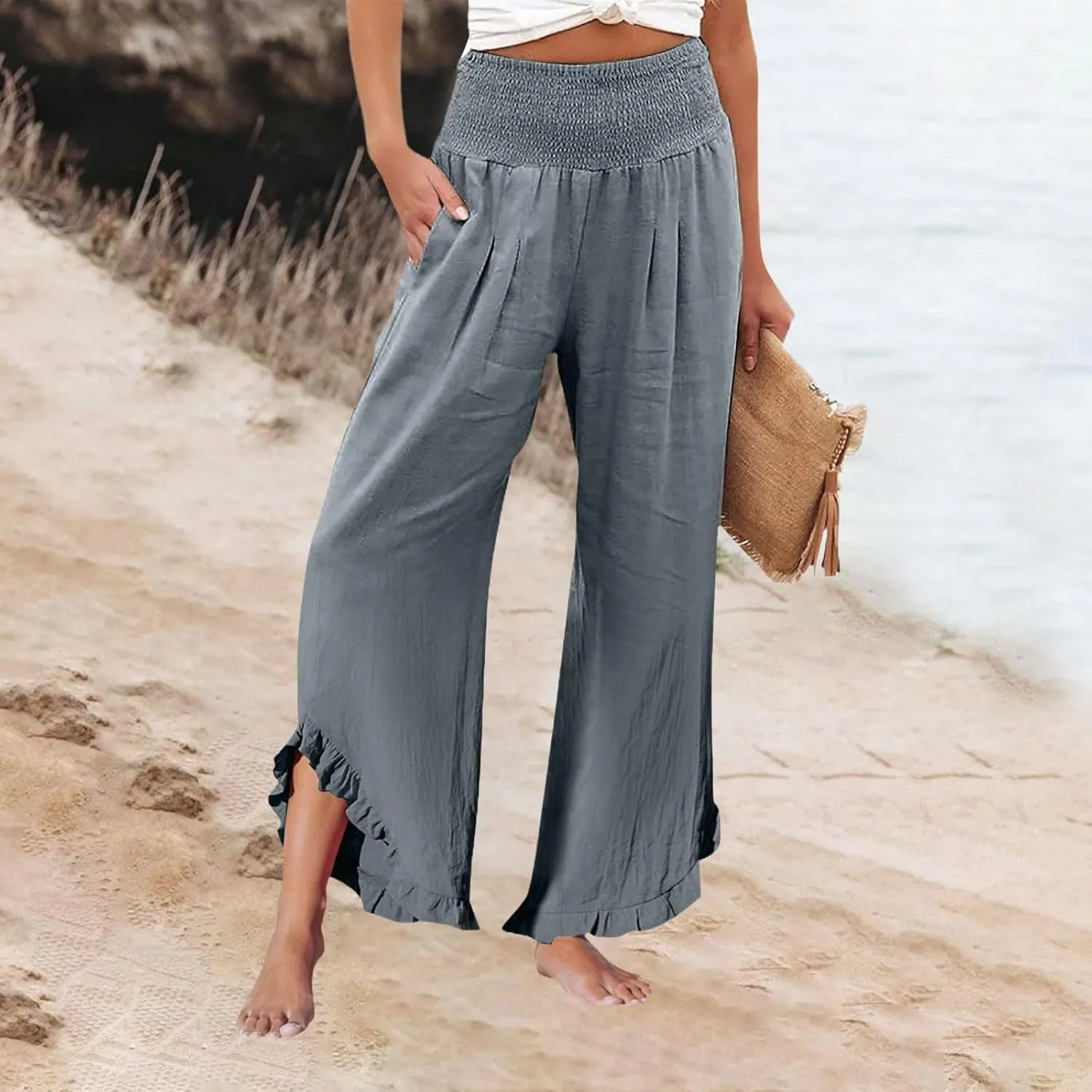 Women Linen Pants Summer Wide Leg Smocked Waist Ruffle Hem Palazzo Pant Boho Flowy Beach Trousers with Pocket