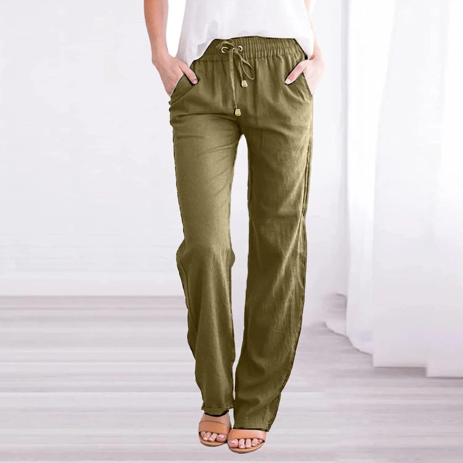Women Linen Summer Solid Palazzo Lounge Pants Low Waist Stretchy Straight Loose Fit Trousers Office