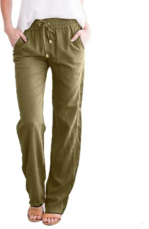Women Linen Summer Solid Palazzo Lounge Pants Low Waist Stretchy Straight Loose Fit Trousers Office