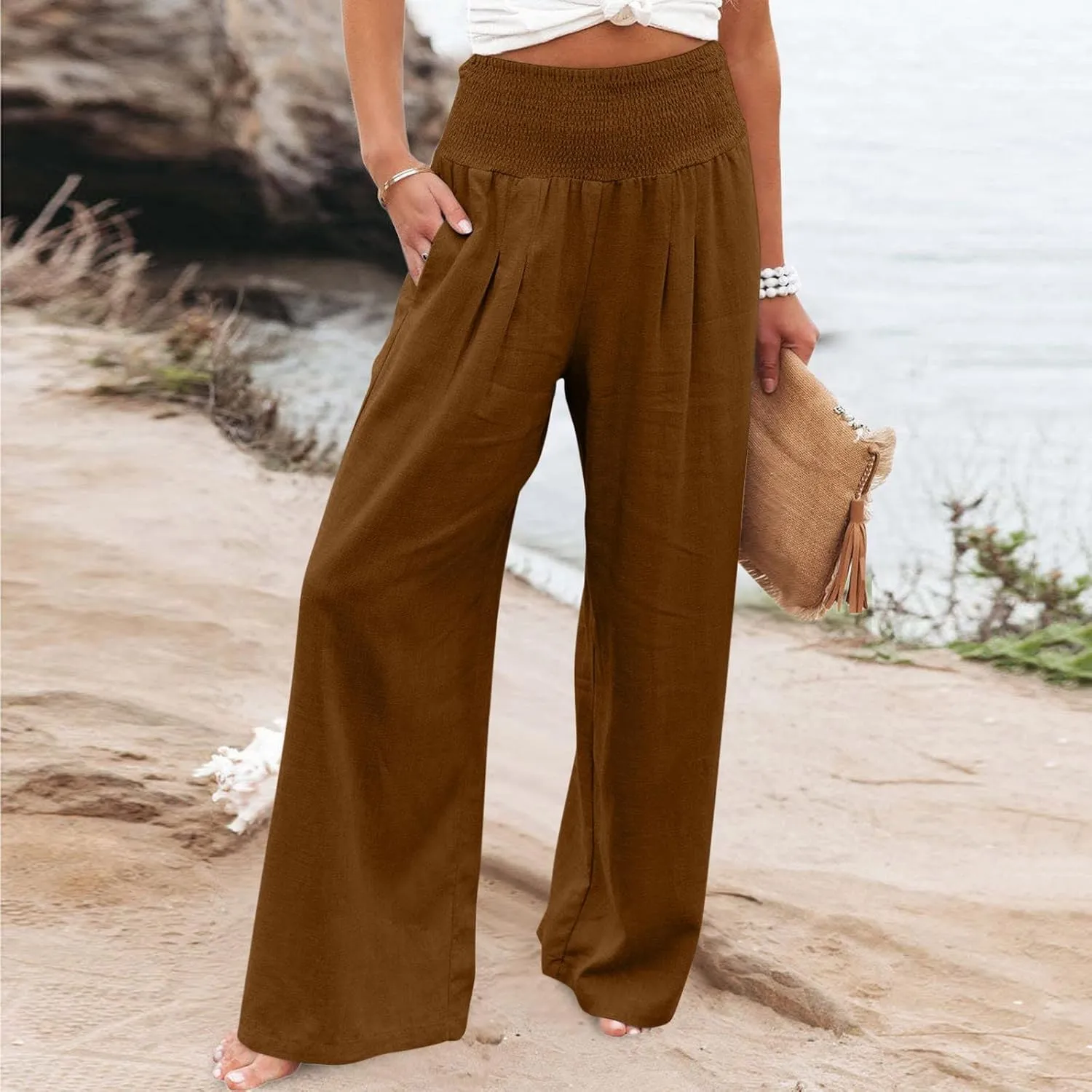 Women Palazzo High Waisted Linen Pants Casual Elastic Waist Wide Leg Pants Trousers Baggy Slacks with Pockets