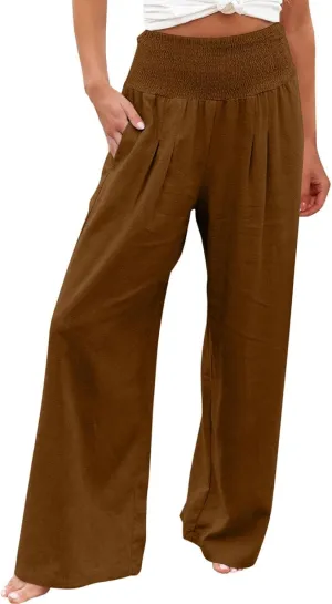 Women Palazzo High Waisted Linen Pants Casual Elastic Waist Wide Leg Pants Trousers Baggy Slacks with Pockets