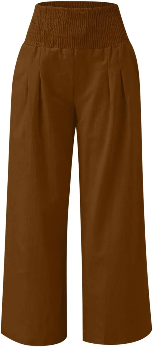 Women Palazzo High Waisted Linen Pants Casual Elastic Waist Wide Leg Pants Trousers Baggy Slacks with Pockets