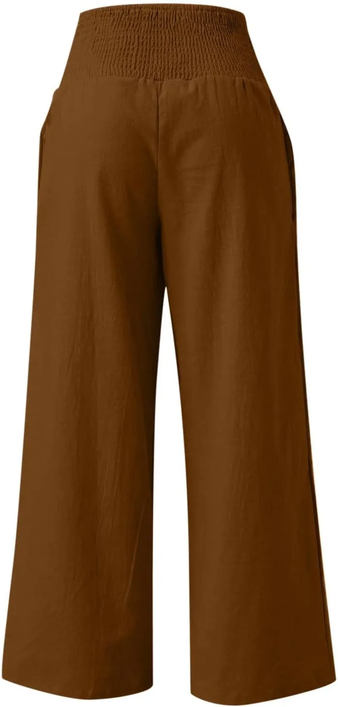 Women Palazzo High Waisted Linen Pants Casual Elastic Waist Wide Leg Pants Trousers Baggy Slacks with Pockets