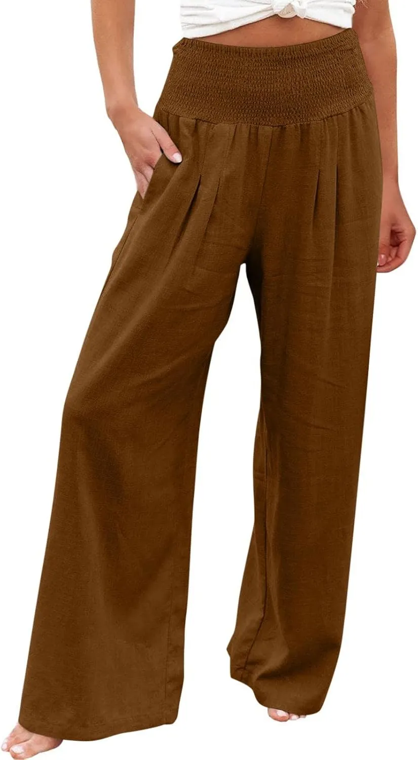 Women Palazzo High Waisted Linen Pants Casual Elastic Waist Wide Leg Pants Trousers Baggy Slacks with Pockets