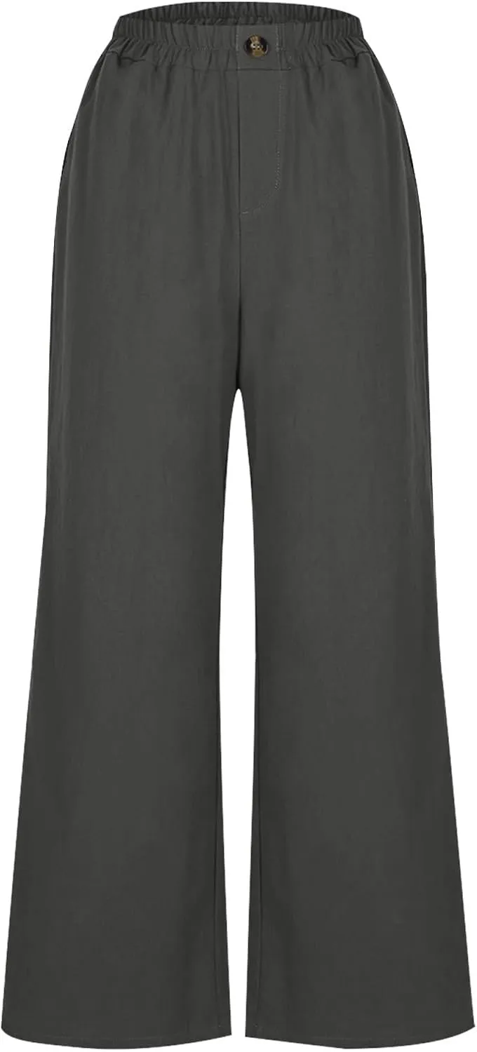 Women Solid Cotton Linen Cropped Pant, Lightweight Comfy Summer Going Out Vacation Clothes Elastic Waist Pockets Trousers