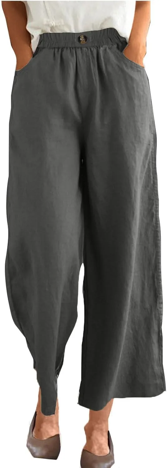 Women Solid Cotton Linen Cropped Pant, Lightweight Comfy Summer Going Out Vacation Clothes Elastic Waist Pockets Trousers