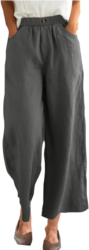 Women Solid Cotton Linen Cropped Pant, Lightweight Comfy Summer Going Out Vacation Clothes Elastic Waist Pockets Trousers