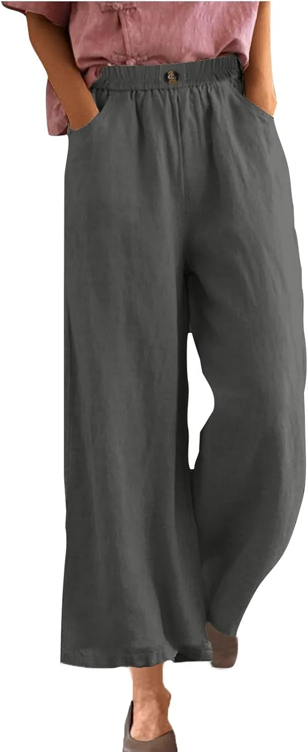 Women Solid Cotton Linen Cropped Pant, Lightweight Comfy Summer Going Out Vacation Clothes Elastic Waist Pockets Trousers