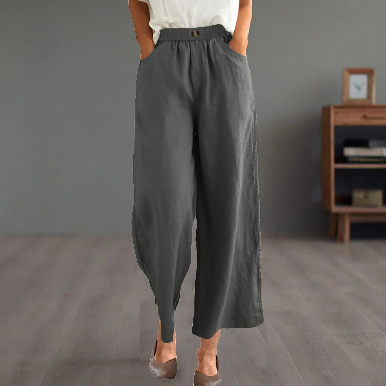 Women Solid Cotton Linen Cropped Pant, Lightweight Comfy Summer Going Out Vacation Clothes Elastic Waist Pockets Trousers