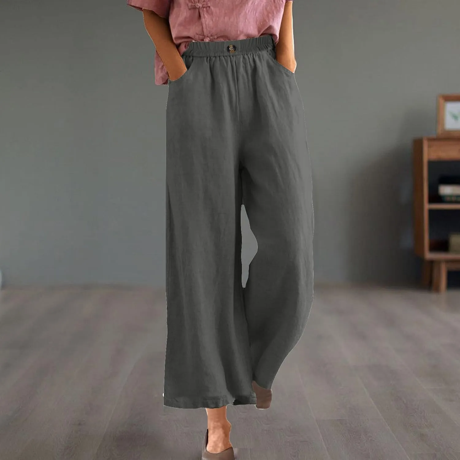 Women Solid Cotton Linen Cropped Pant, Lightweight Comfy Summer Going Out Vacation Clothes Elastic Waist Pockets Trousers