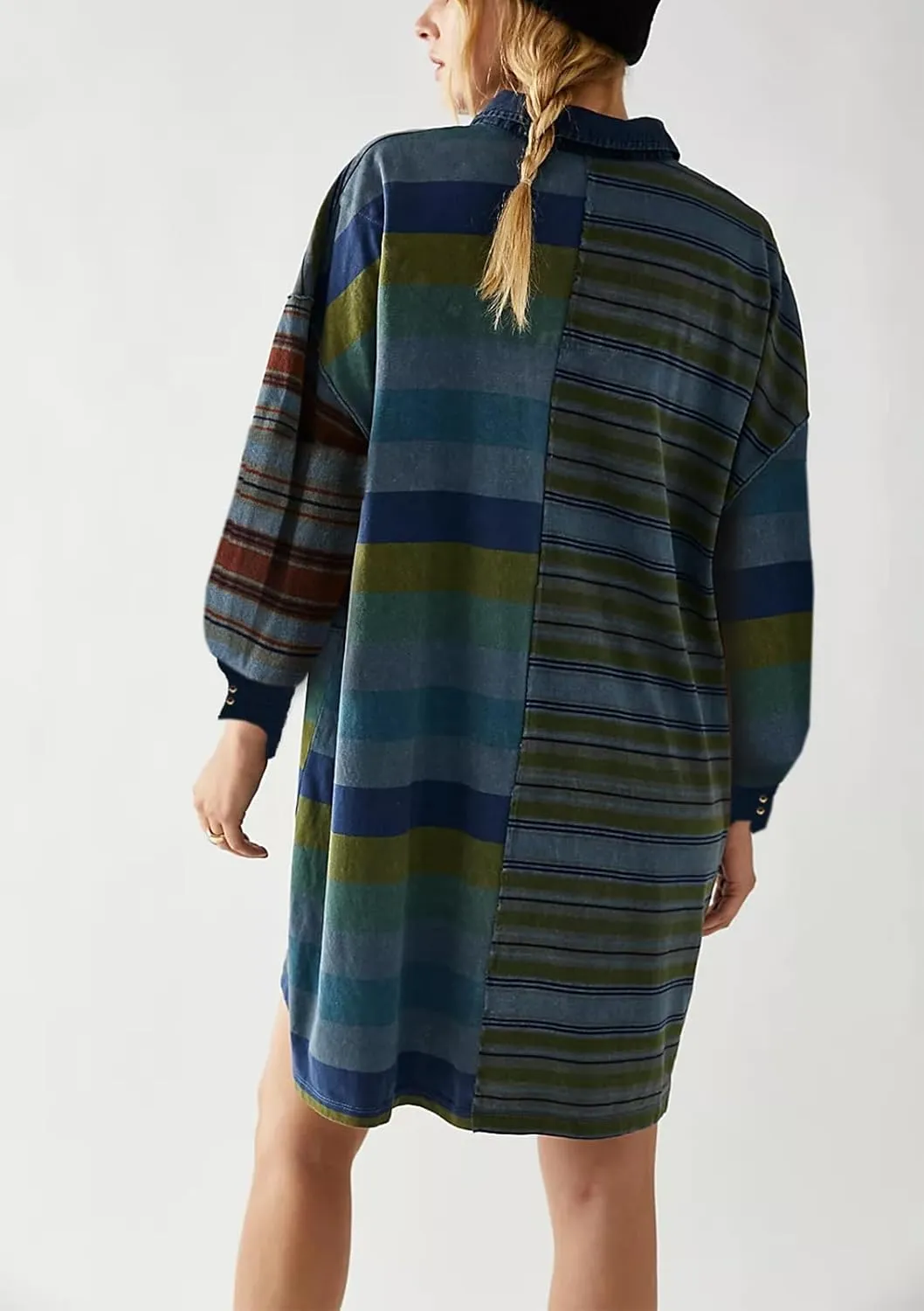 Women Sweatshirt Dress Y2k Striped Pullover Tops Colorblock Hoodie Dresses Button Oversized Sweatshirts Fall Fashion