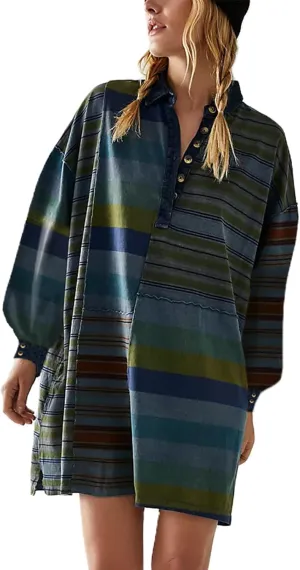 Women Sweatshirt Dress Y2k Striped Pullover Tops Colorblock Hoodie Dresses Button Oversized Sweatshirts Fall Fashion