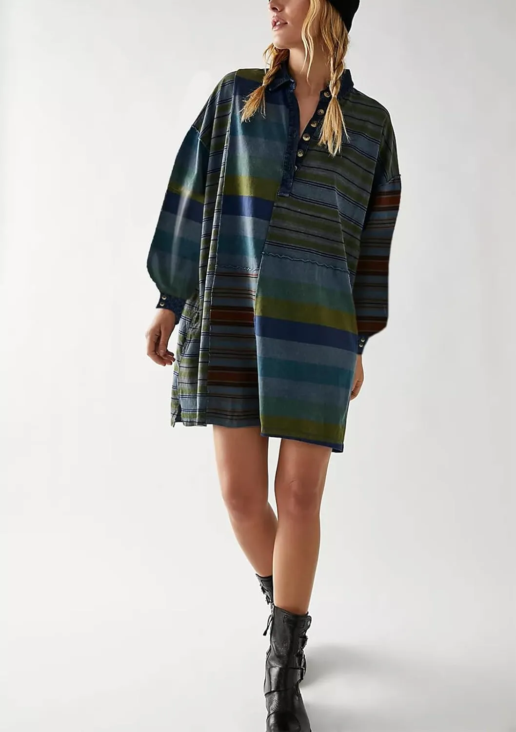 Women Sweatshirt Dress Y2k Striped Pullover Tops Colorblock Hoodie Dresses Button Oversized Sweatshirts Fall Fashion