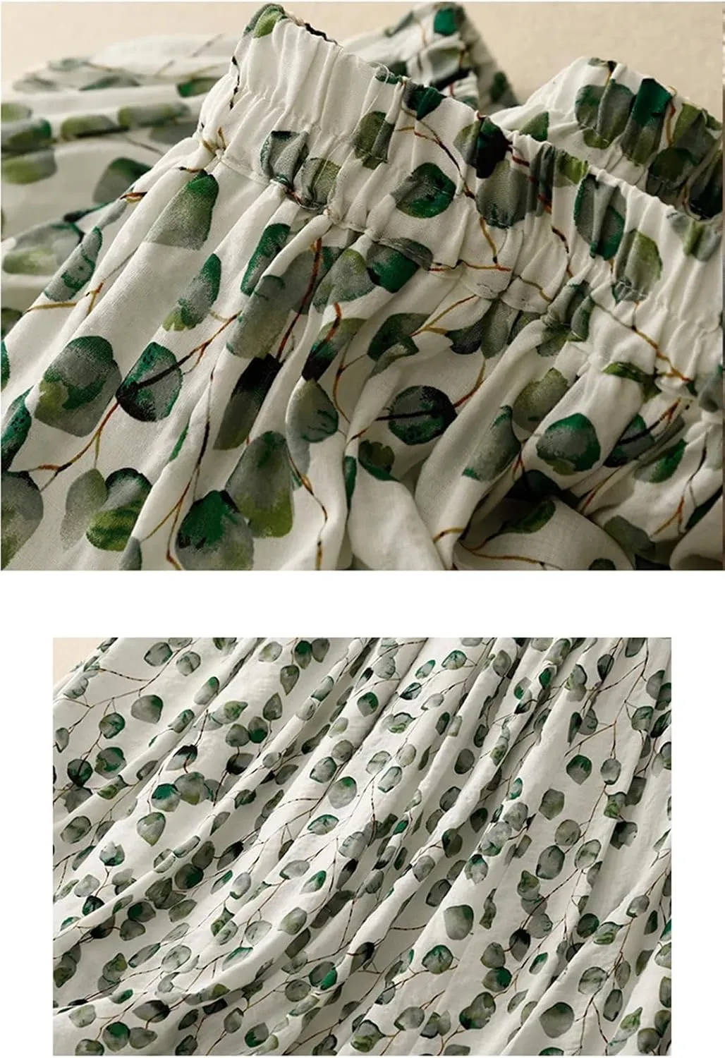Women Vintage Print Skirts Cotton Linen A-LINE Loose Elastic Waist Flowy Midi Skirt
