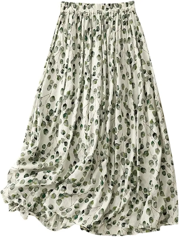 Women Vintage Print Skirts Cotton Linen A-LINE Loose Elastic Waist Flowy Midi Skirt
