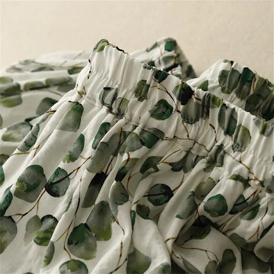 Women Vintage Print Skirts Cotton Linen A-LINE Loose Elastic Waist Flowy Midi Skirt