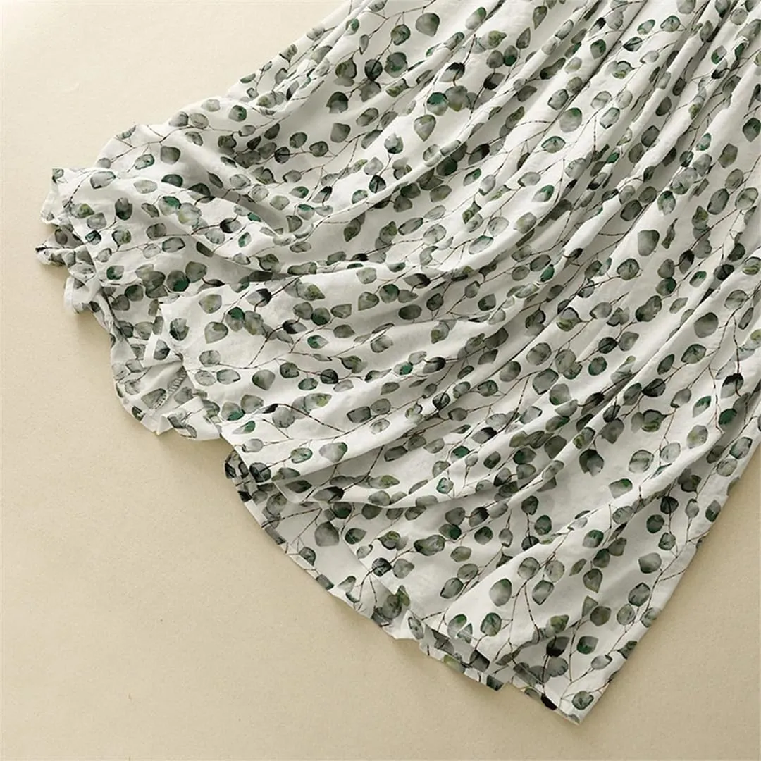 Women Vintage Print Skirts Cotton Linen A-LINE Loose Elastic Waist Flowy Midi Skirt