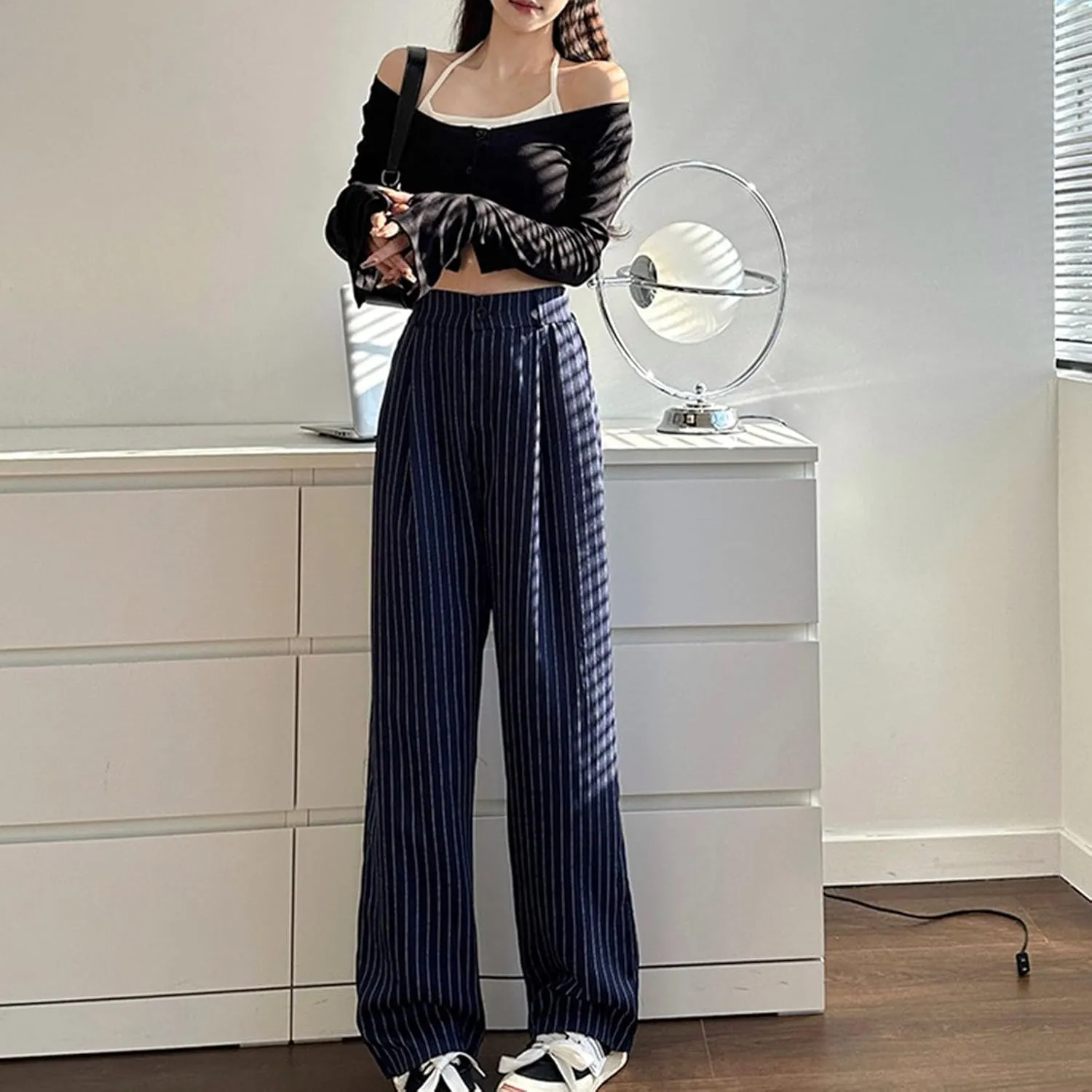 Women Wide Leg Dress Pants Fall Fashion Stripes Buttoned High Waist Business Casual Straight Trousers Loose Sweatpant