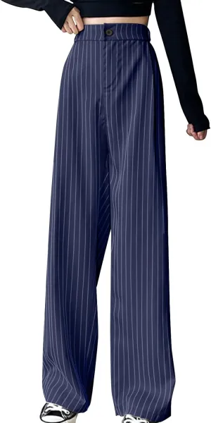 Women Wide Leg Dress Pants Fall Fashion Stripes Buttoned High Waist Business Casual Straight Trousers Loose Sweatpant