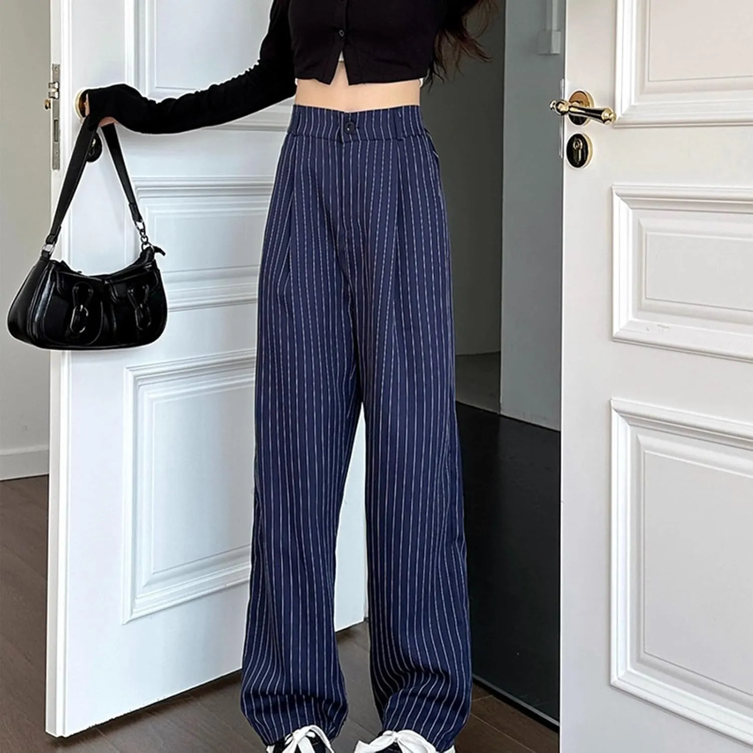 Women Wide Leg Dress Pants Fall Fashion Stripes Buttoned High Waist Business Casual Straight Trousers Loose Sweatpant