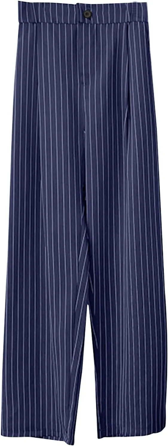 Women Wide Leg Dress Pants Fall Fashion Stripes Buttoned High Waist Business Casual Straight Trousers Loose Sweatpant