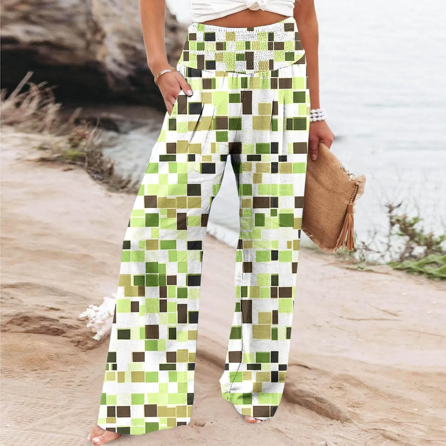 Women Wide Leg Linen Pants Boho Beach Print High Waisted Summer Casual Cotton Linen Pant Palazzo Trouser with Pockets