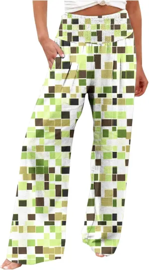 Women Wide Leg Linen Pants Boho Beach Print High Waisted Summer Casual Cotton Linen Pant Palazzo Trouser with Pockets
