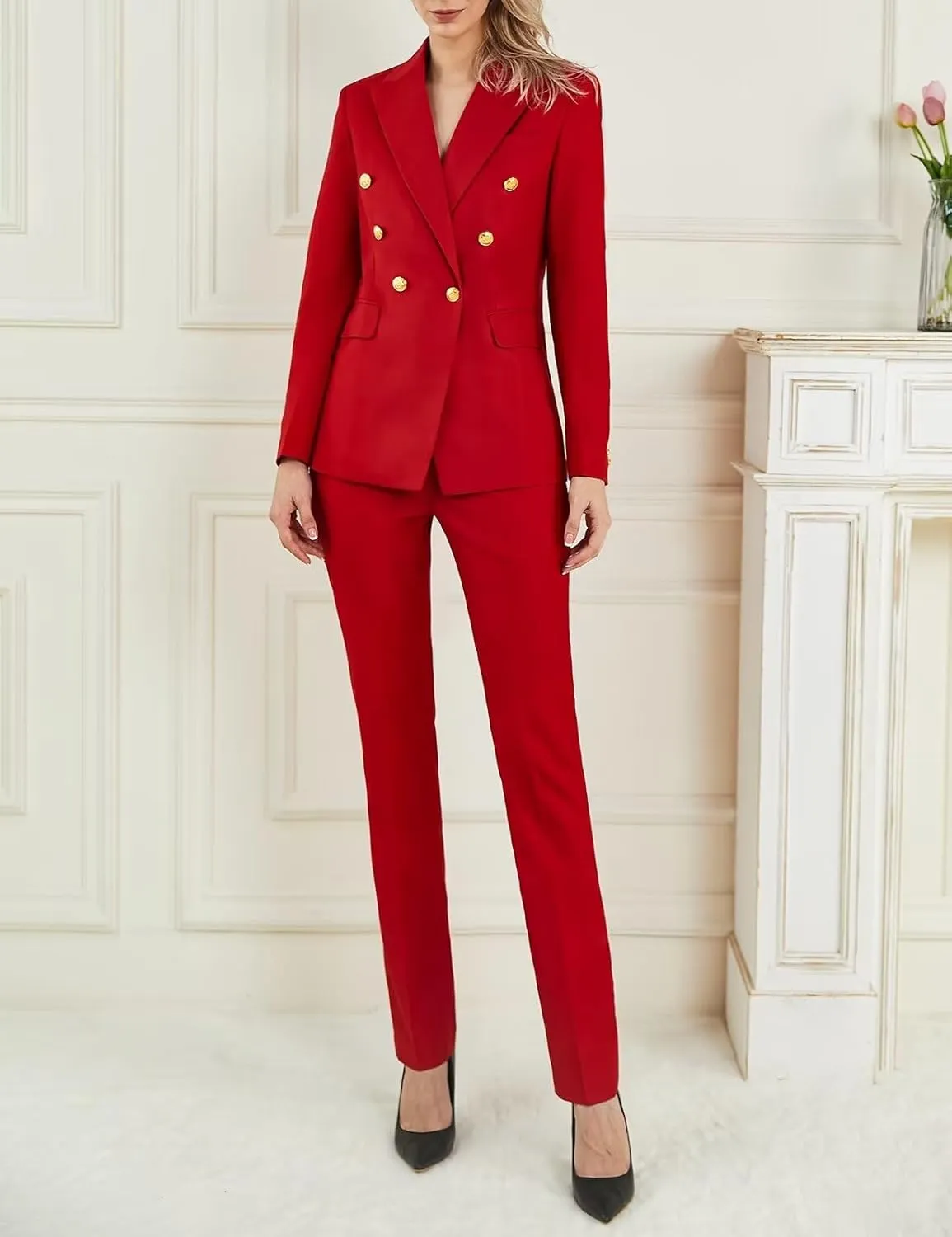 Women's 2 Piece Suit Notched Lapel Pants Suits Set for Women Business Casual Office Work Tuxedo Blazer Pants Set