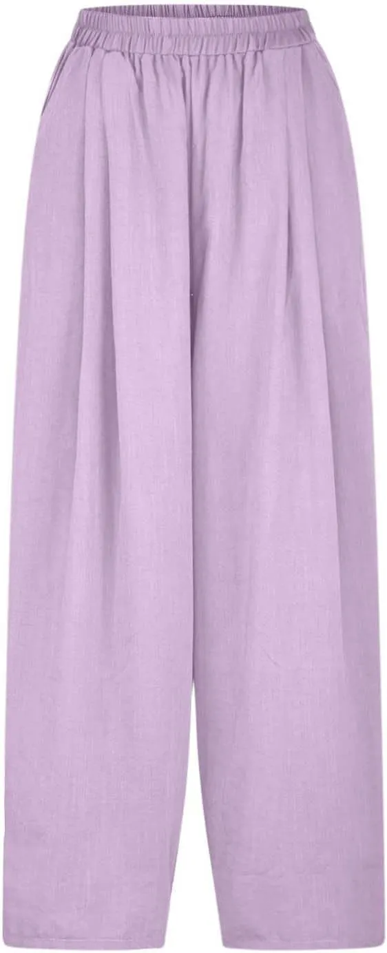 Women's Baggy Linen Pants Summer Casual Wide Leg Palazzo Trousers High Waisted Relax Fit Lantern Slacks with Pockets