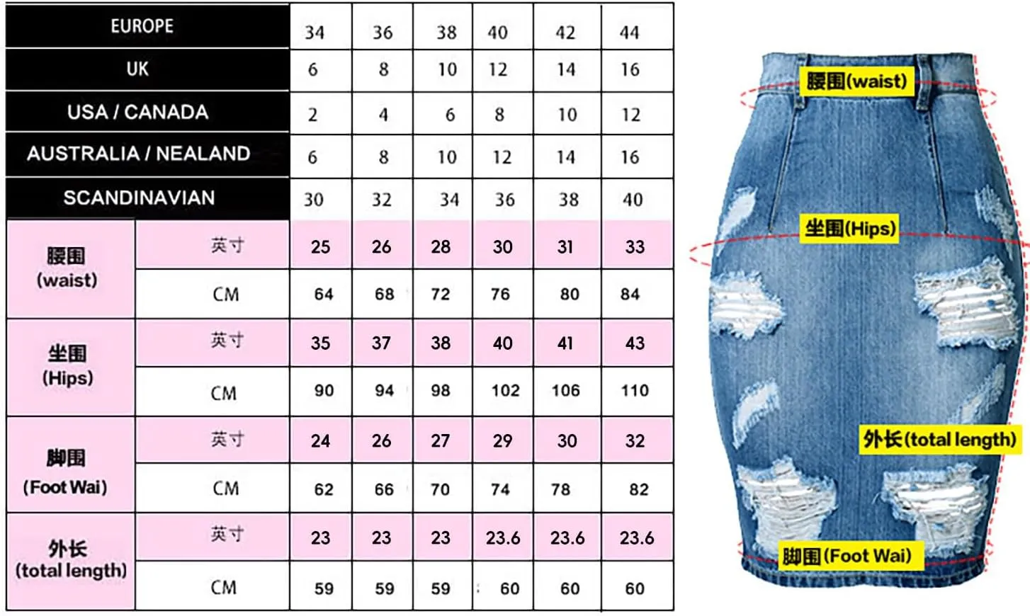 Women's Bodycon High Waist Mid Length Front Split Frayed Raw Hem Ripped Denim Pencil Skirts
