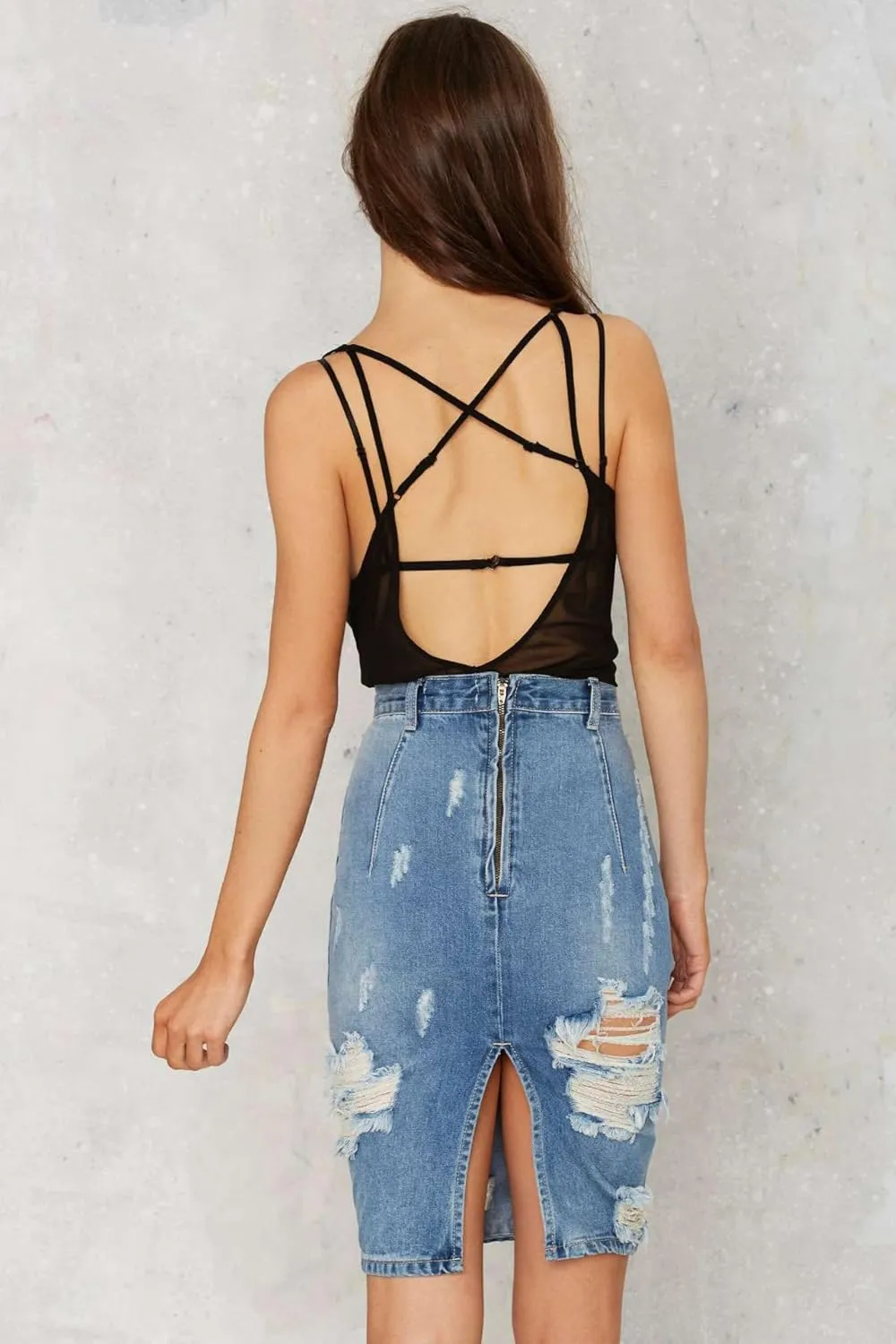 Women's Bodycon High Waist Mid Length Front Split Frayed Raw Hem Ripped Denim Pencil Skirts