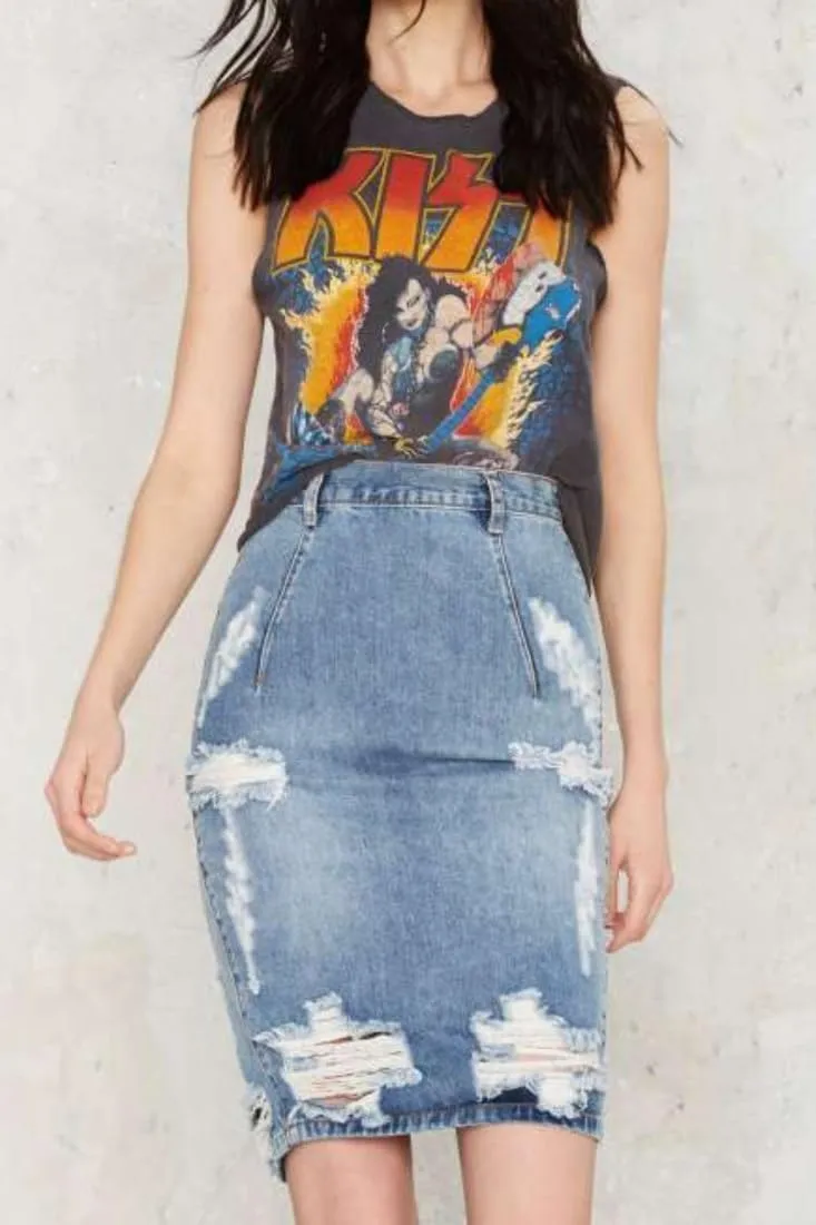Women's Bodycon High Waist Mid Length Front Split Frayed Raw Hem Ripped Denim Pencil Skirts