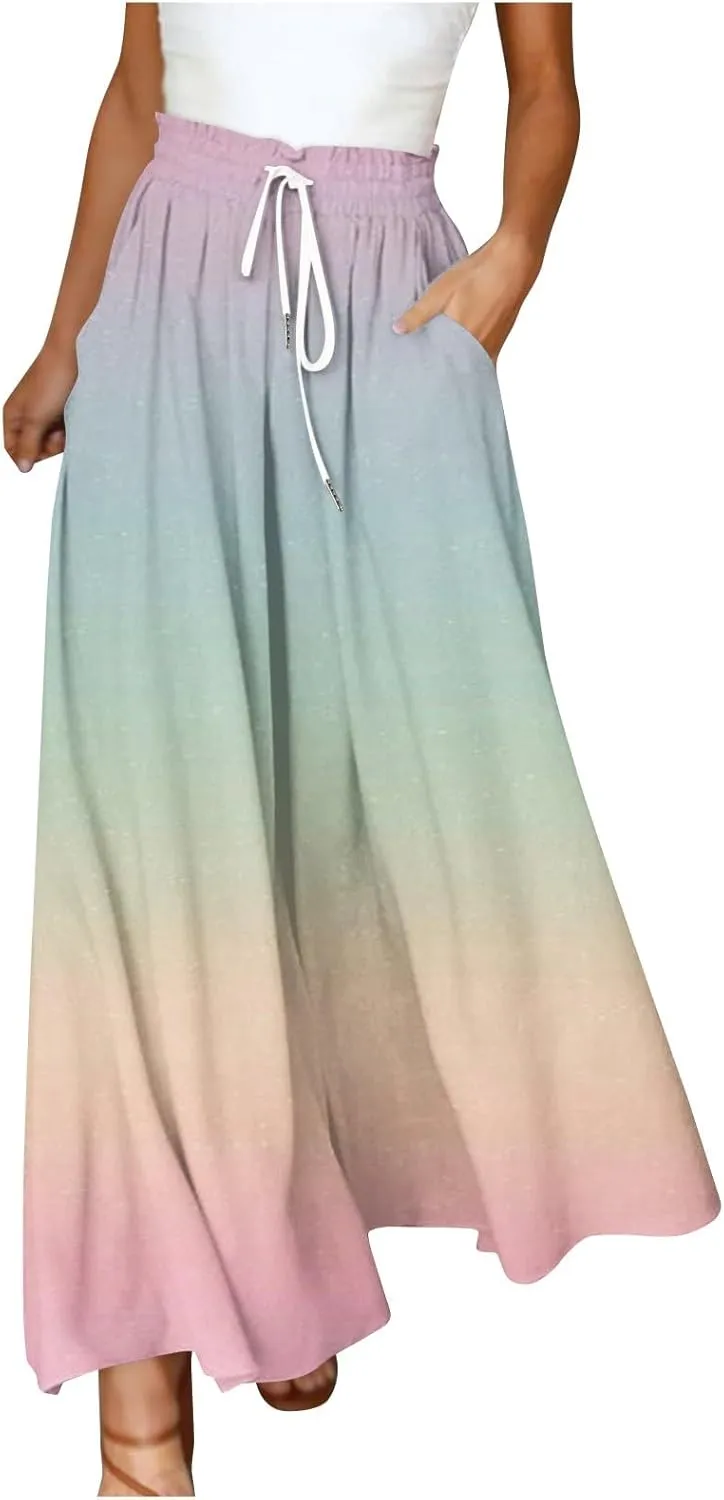 Women's Bohemian Gradient Color Elastic Casual High Waisted Wide Leg Dressy Loose Fit Pants with Pockets