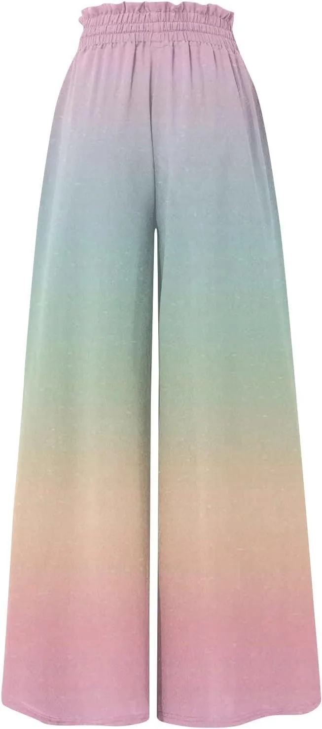 Women's Bohemian Gradient Color Elastic Casual High Waisted Wide Leg Dressy Loose Fit Pants with Pockets